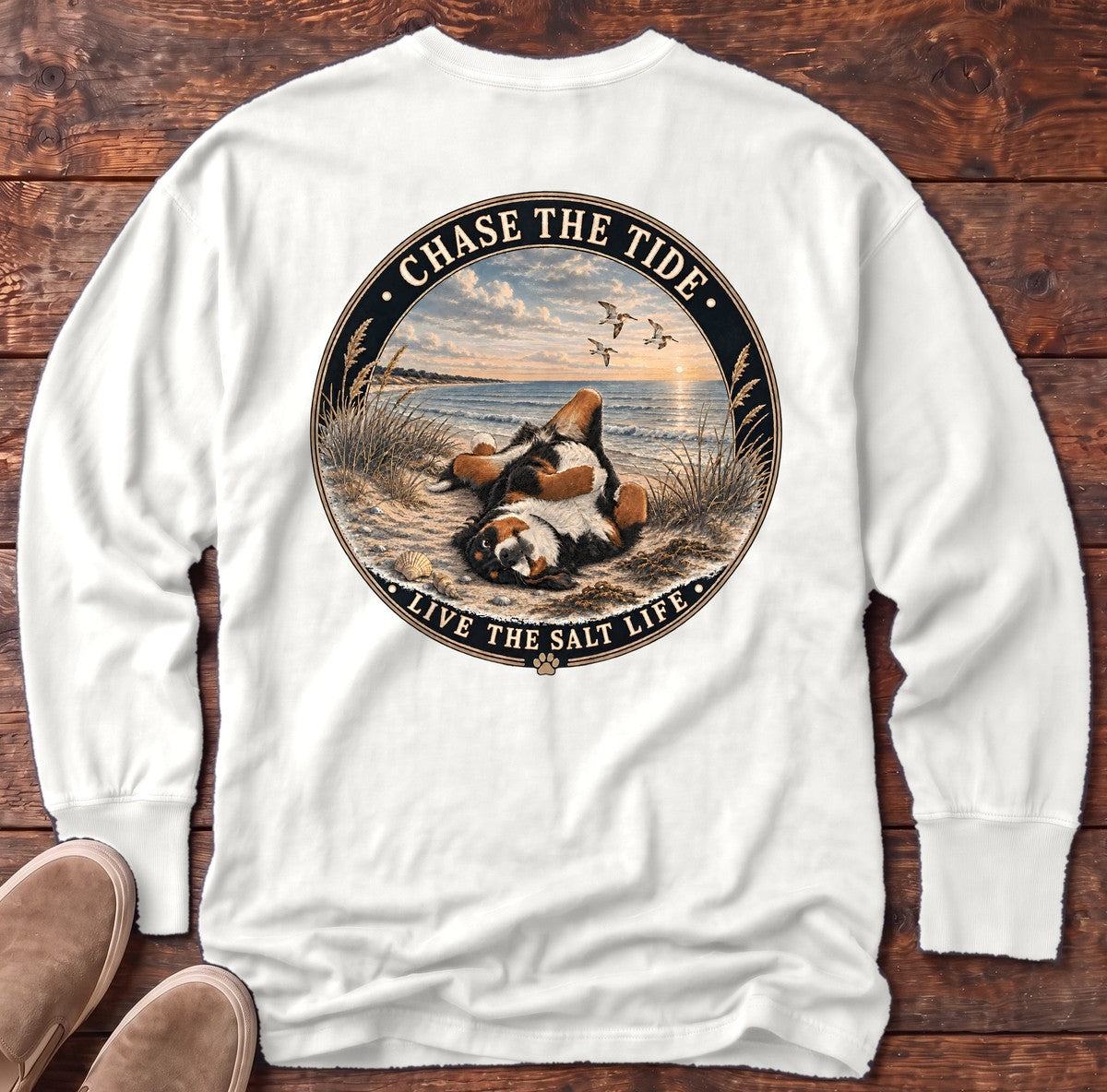 Chase the Tide Bernese Mountain Dog Back Design Long Sleeve Tee in White, Salty Paws Comfort Colors long sleeve tee