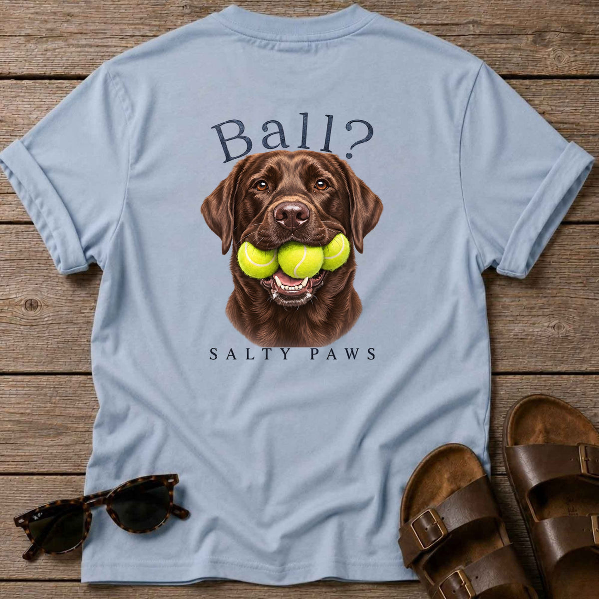 Ball? Chocolate Lab Back Design T-Shirt in Light Blue, back design flat lay