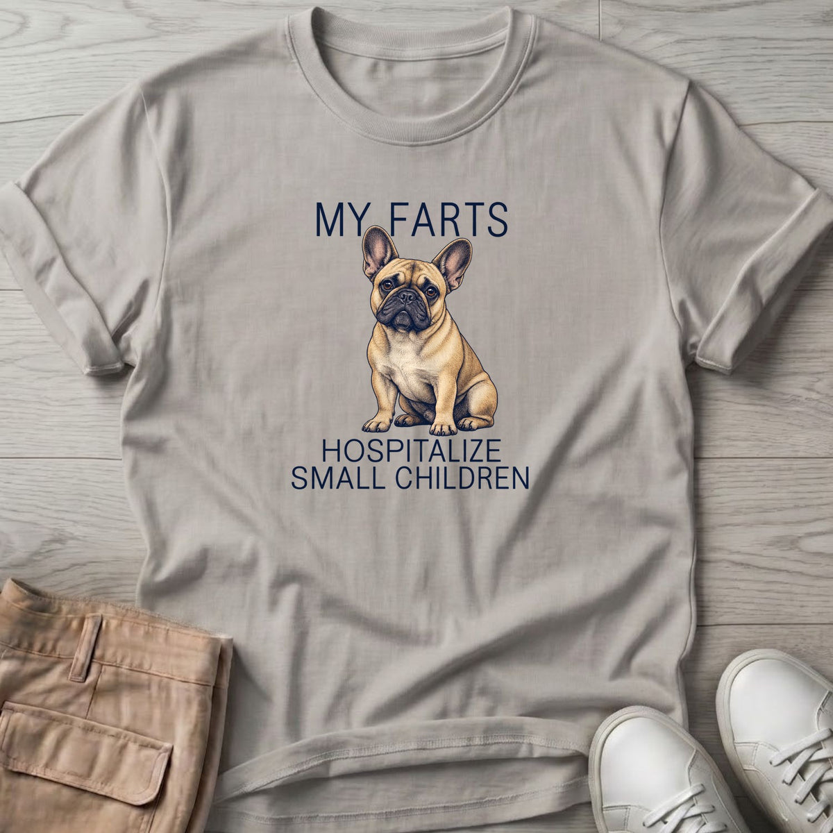 My Farts Hospitalize Small Children Frenchie T-Shirt in Ice Grey, Salty Paws T-Shirt, front design flat lay