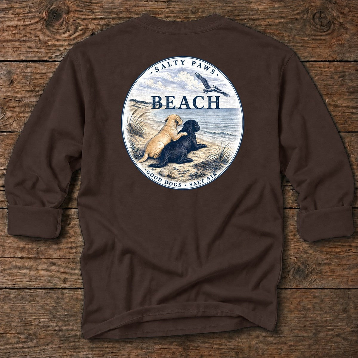 BEACH Pelican Labradors Back Design T-Shirt in Dark Chocolate, Salty Paws coastal long sleeve tee