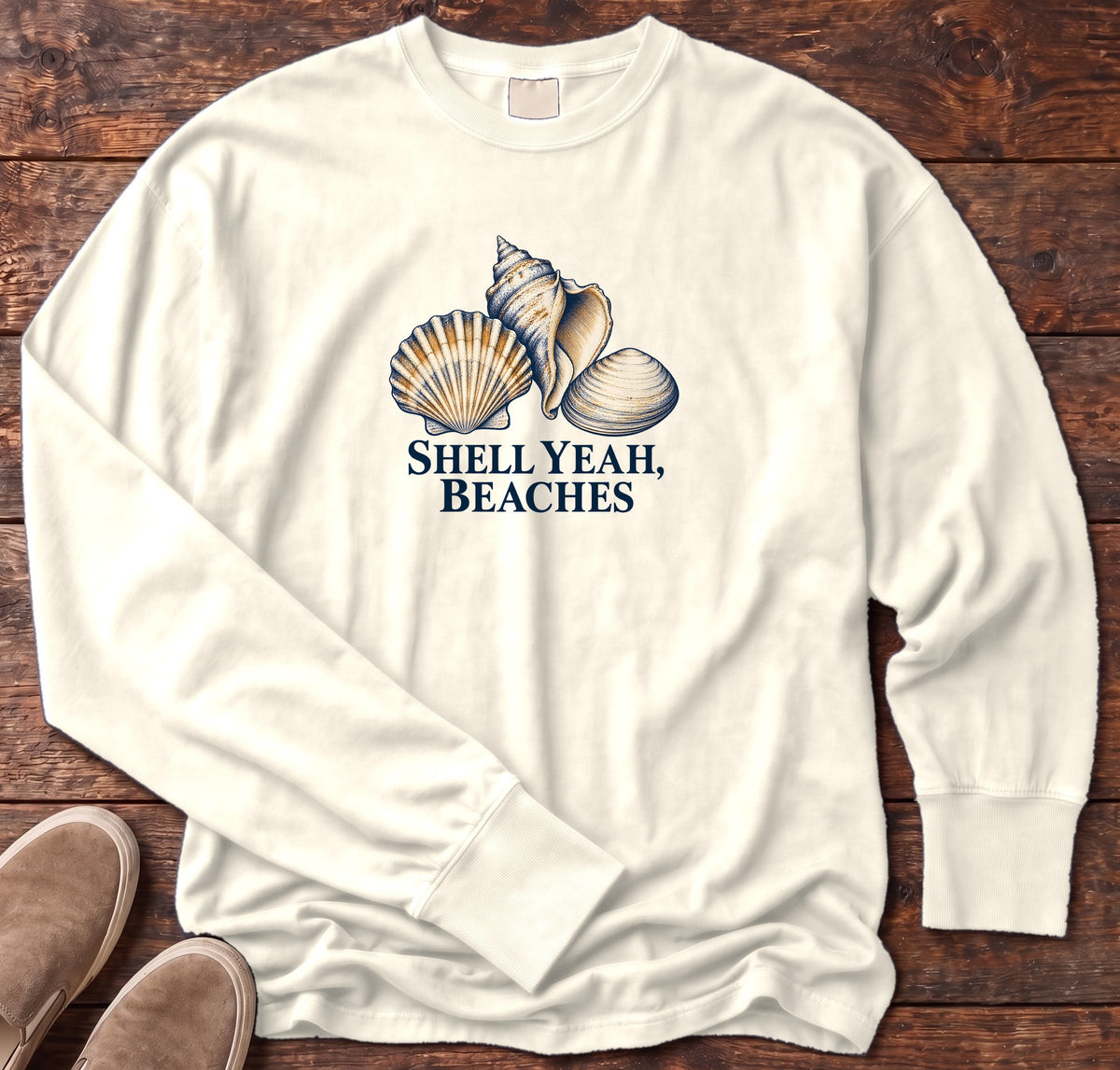 Shell Yeah Beaches Long Sleeve Tee in Ivory, Salty Paws Comfort Colors Long Sleeve Tee, front design flat lay