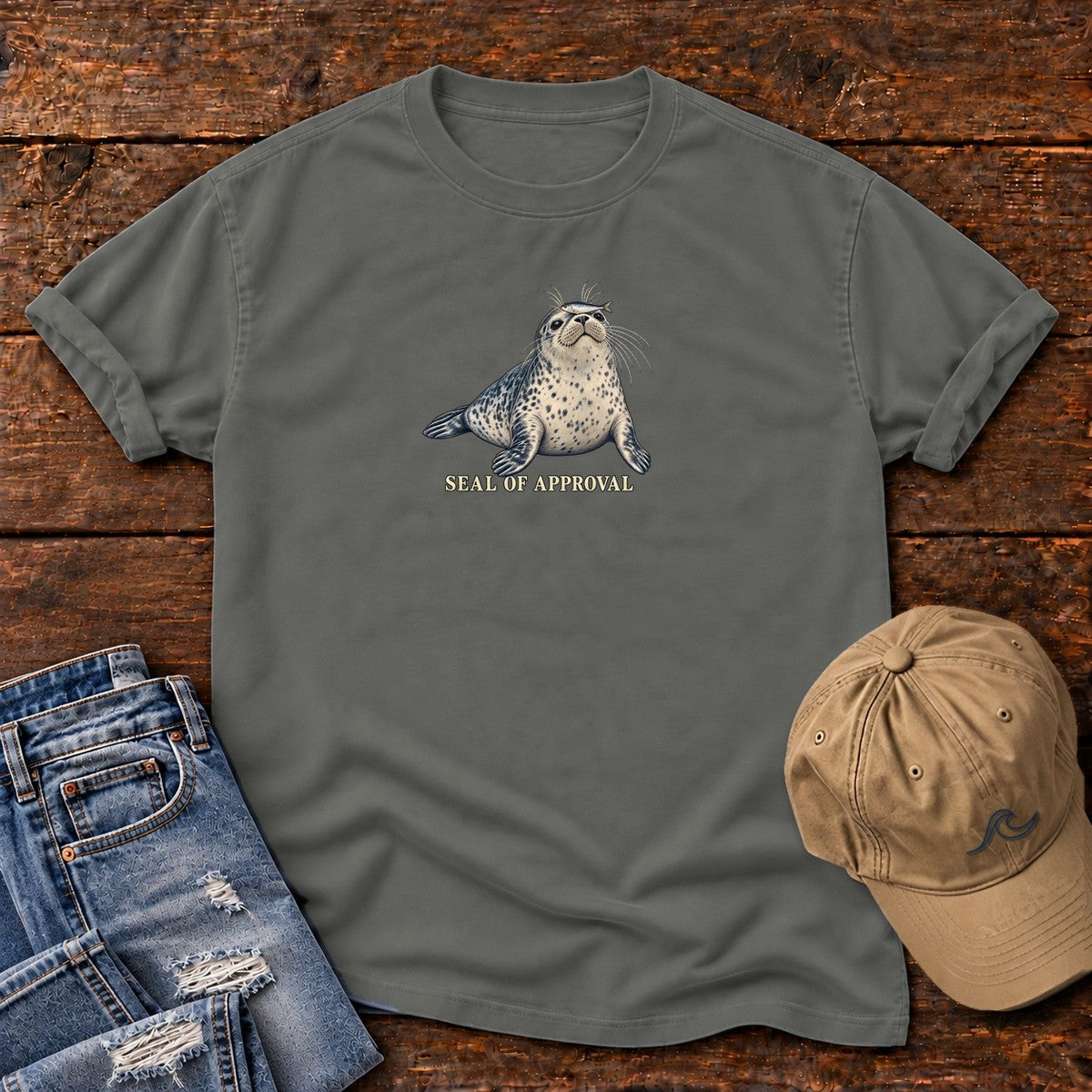 Seal of Approval T-Shirt in Pepper, Salty Paws Comfort Colors T-Shirt, front design flat lay