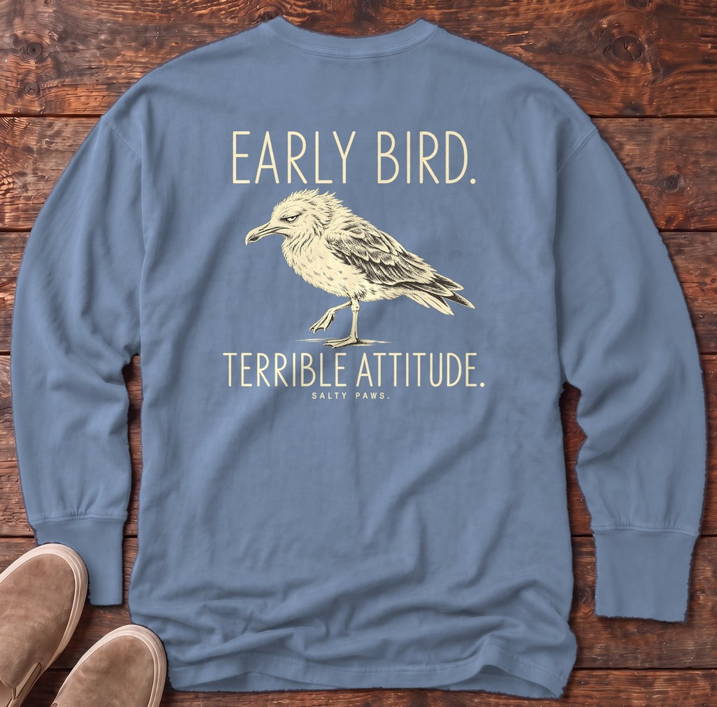 Early Bird Terrible Attitude Seagull Back Design Long Sleeve Tee in Blue Jean, Salty Paws Comfort Colors Long Sleeve Tee, back design flat lay