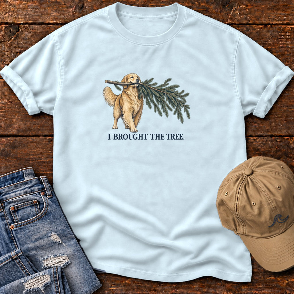 I Brought the Tree Golden Retriever T-Shirt in Chambray, Salty Paws Comfort Colors T-Shirt, front design flat lay