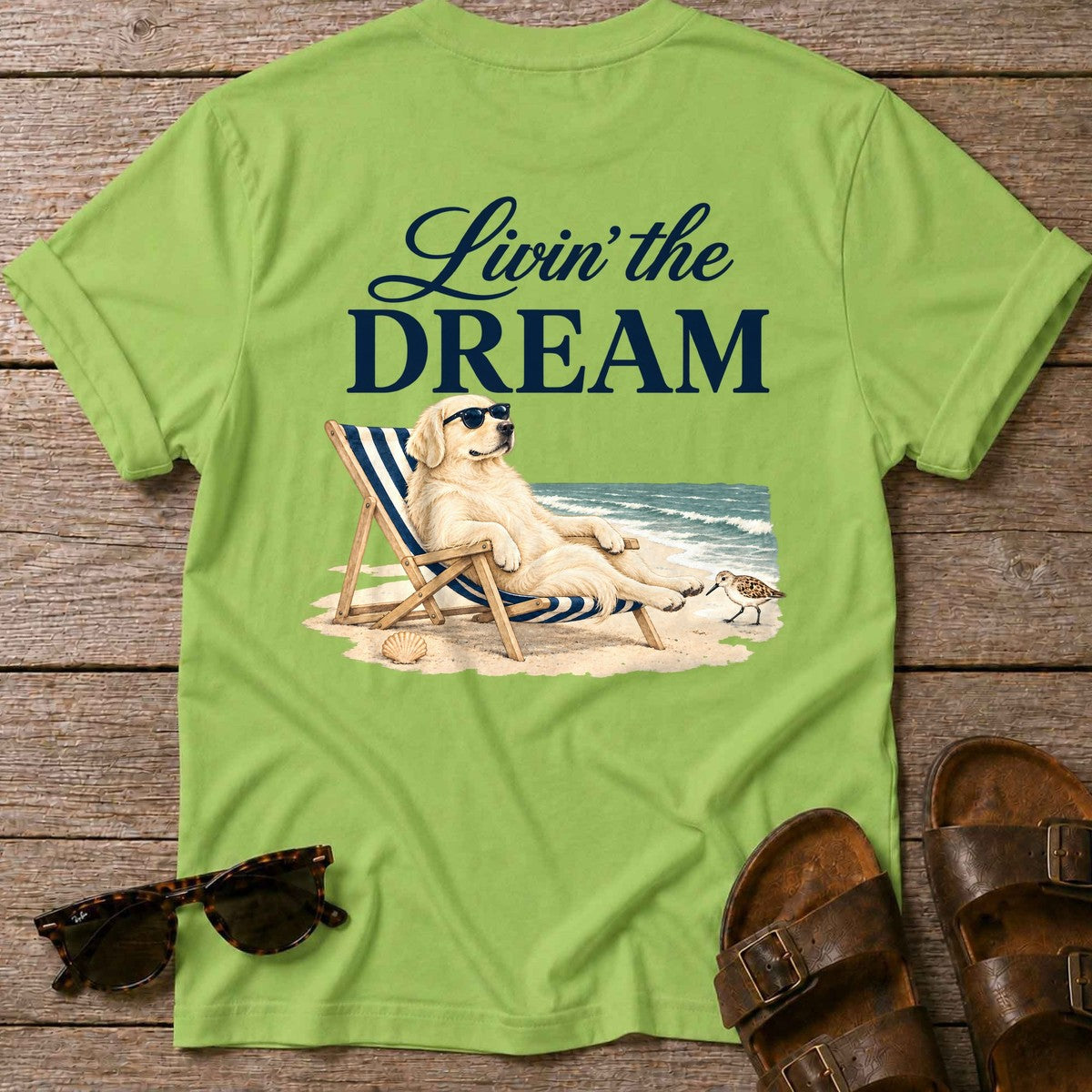 Livin' the Dream Cream Retriever Back Design T-Shirt in Kiwi, Salty Paws coastal t-shirt