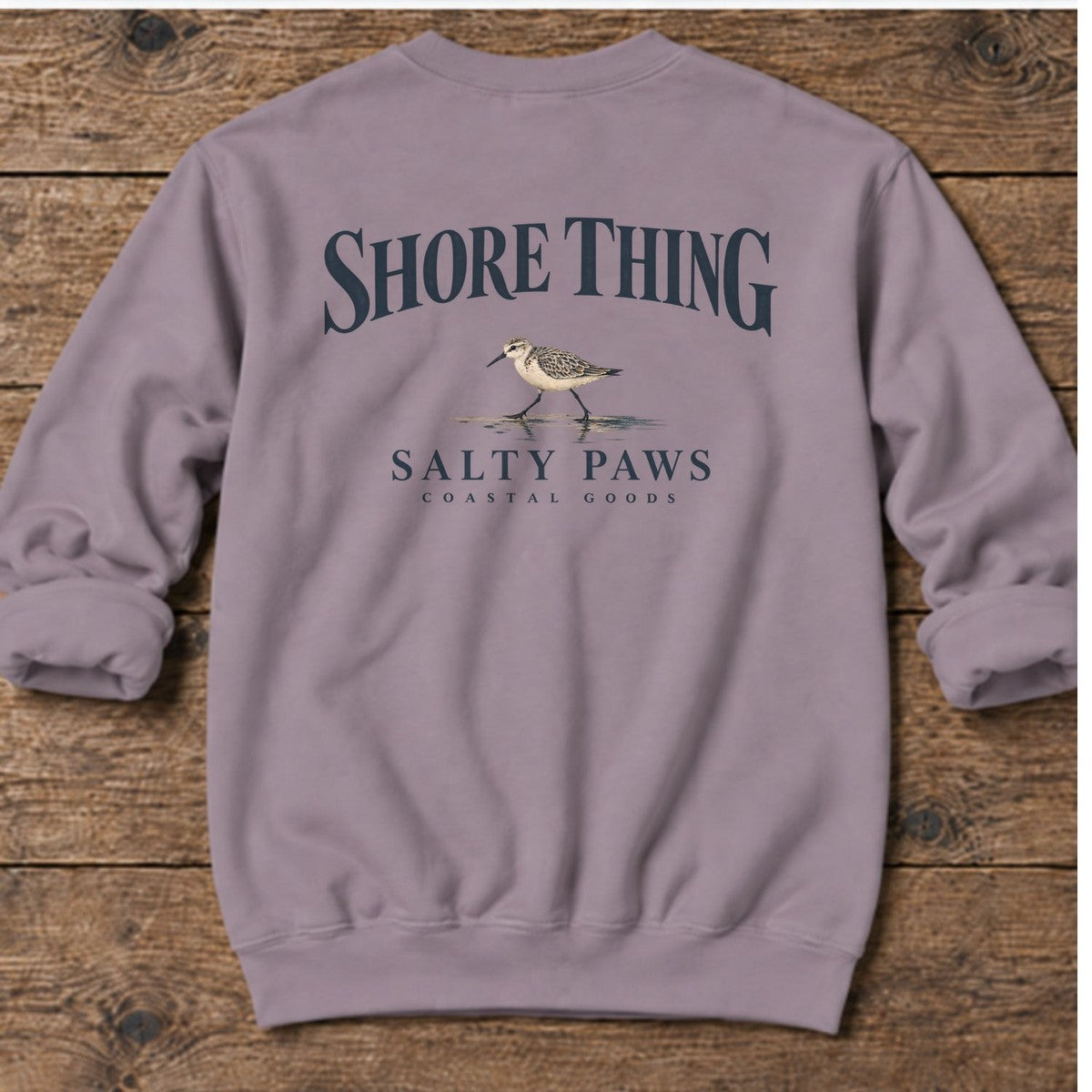 Shore Thing Sandpiper Salty Paws Coastal Goods Back Design Midweight Sweatshirt in Paragon, Salty Paws Midweight Sweatshirt, back design flat lay