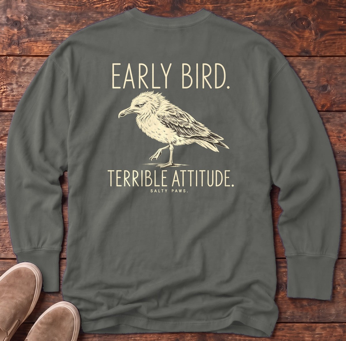 Early Bird Terrible Attitude Seagull Back Design Long Sleeve Tee in Pepper, Salty Paws Comfort Colors Long Sleeve Tee, back design flat lay