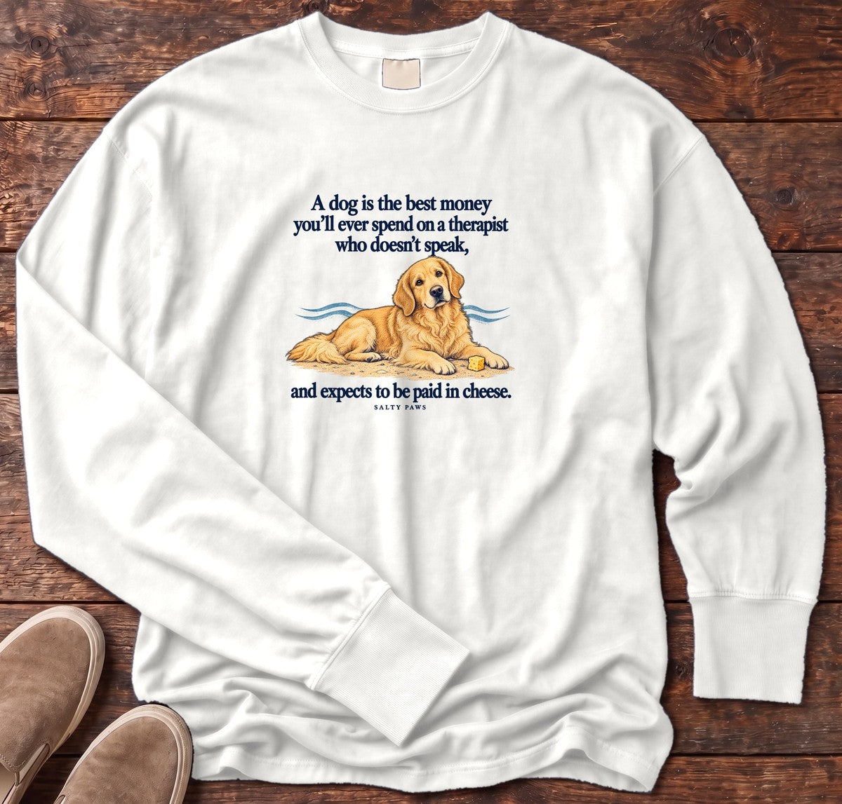 Paid in Cheese Golden Retriever Long Sleeve Tee in White, Salty Paws Comfort Colors Long Sleeve Tee, front design flat lay