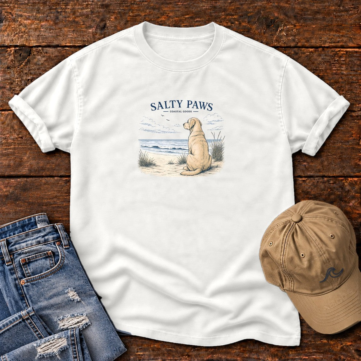 Salty Paws Yellow Lab Comfort Colors T-Shirt in White, front design flat lay