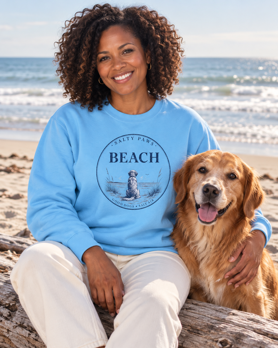Beach Good Dog Midweight Sweatshirt in Sky, worn