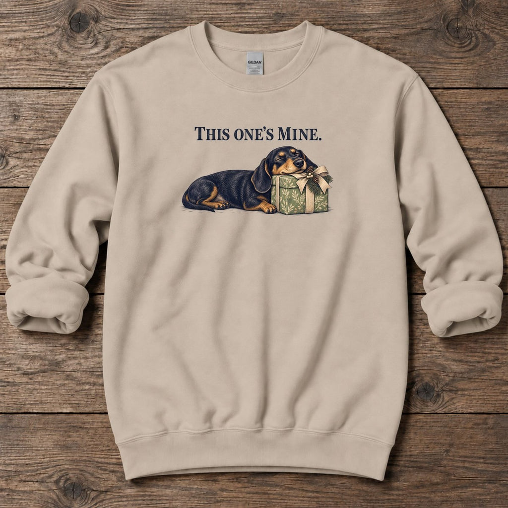 This One's Mine Dachshund Midweight Sweatshirt in Sand, Salty Paws Midweight Sweatshirt, front design flat lay