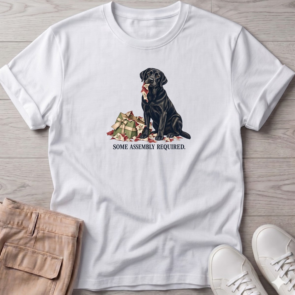 Some Assembly Required Black Lab T-Shirt in White, Salty Paws T-Shirt, front design flat lay