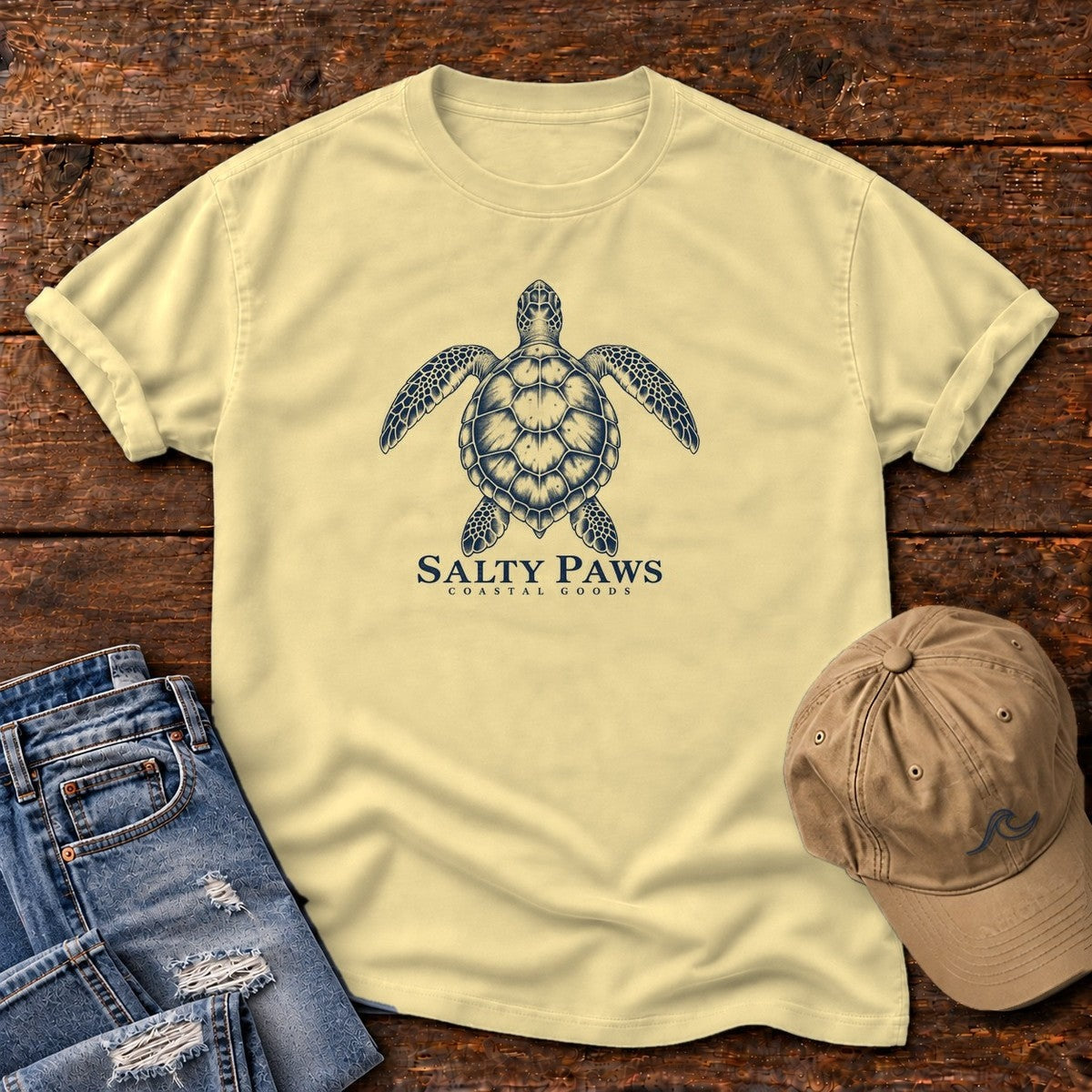 Sea Turtle Coastal Goods T-Shirt in Butter, Salty Paws Comfort Colors T-Shirt, front design flat lay