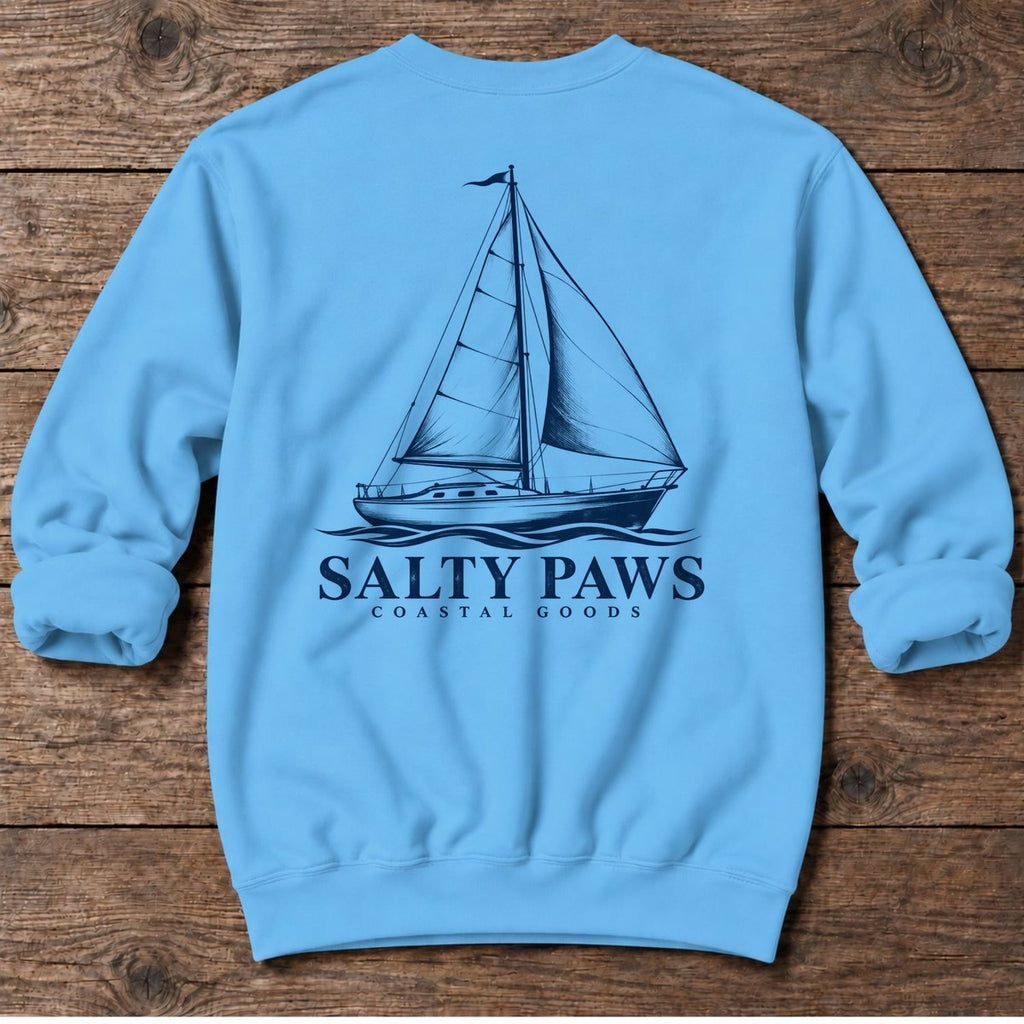 Sailboat Coastal Goods Back Design Midweight Sweatshirt in Sky, Salty Paws Midweight Sweatshirt, back design flat lay
