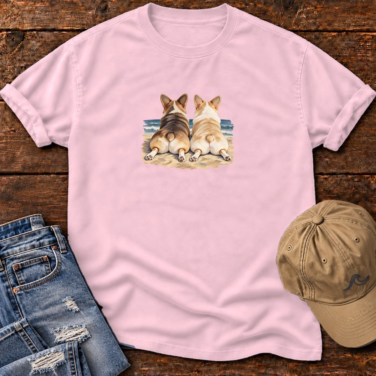 Two Corgis at the Ocean T-Shirt in Blossom, Salty Paws Comfort Colors T-Shirt, front design flat lay