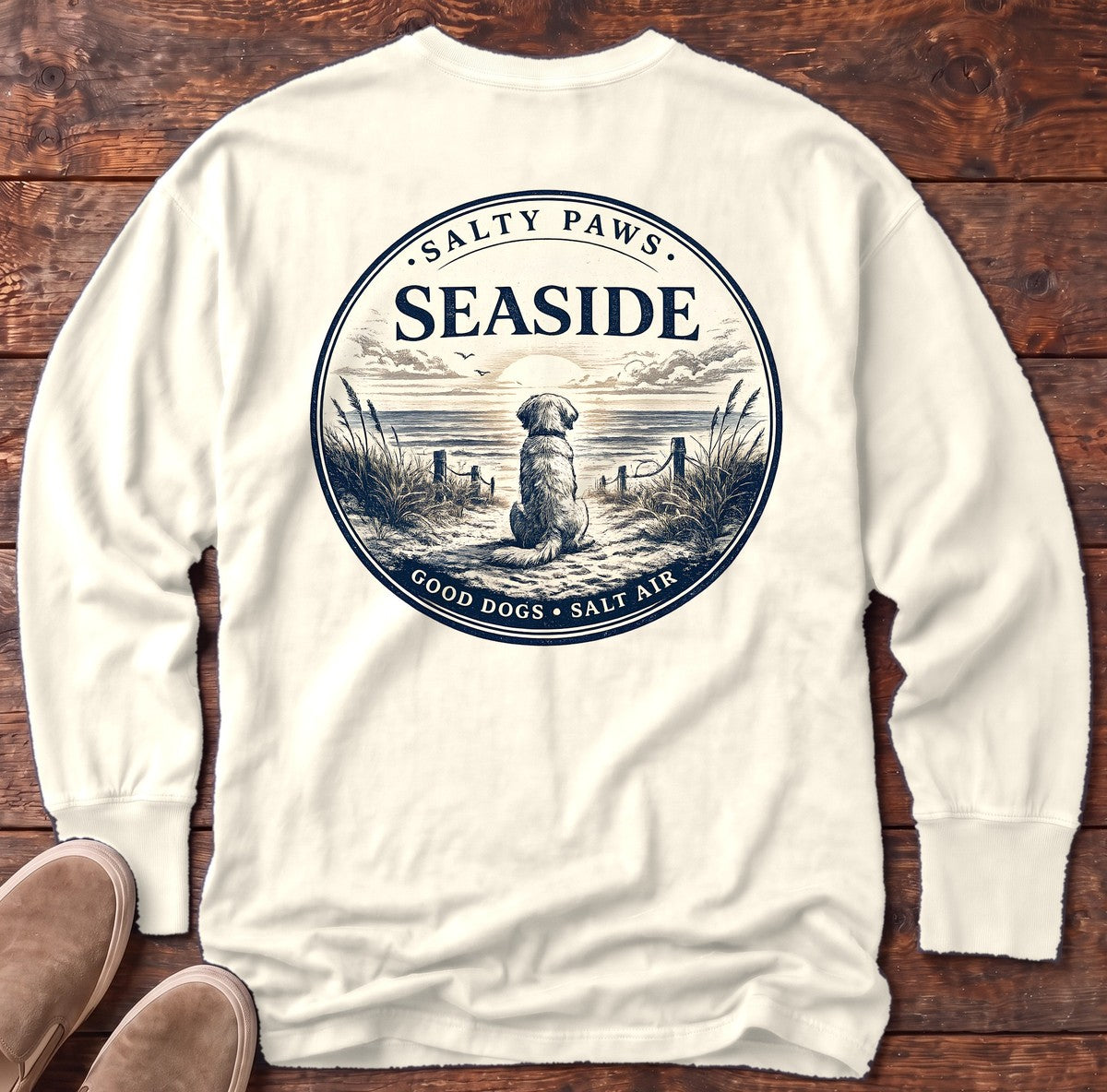 Seaside Good Dogs Back Design Long Sleeve Tee in Ivory, Salty Paws Comfort Colors long sleeve tee
