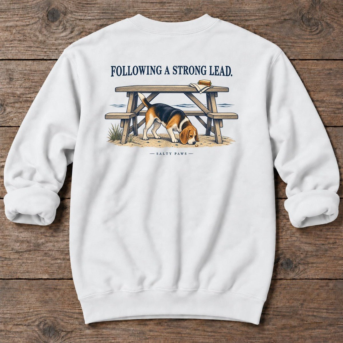 Following a Strong Lead Beagle Back Design Midweight Sweatshirt in White, Salty Paws Midweight Sweatshirt, back design flat lay