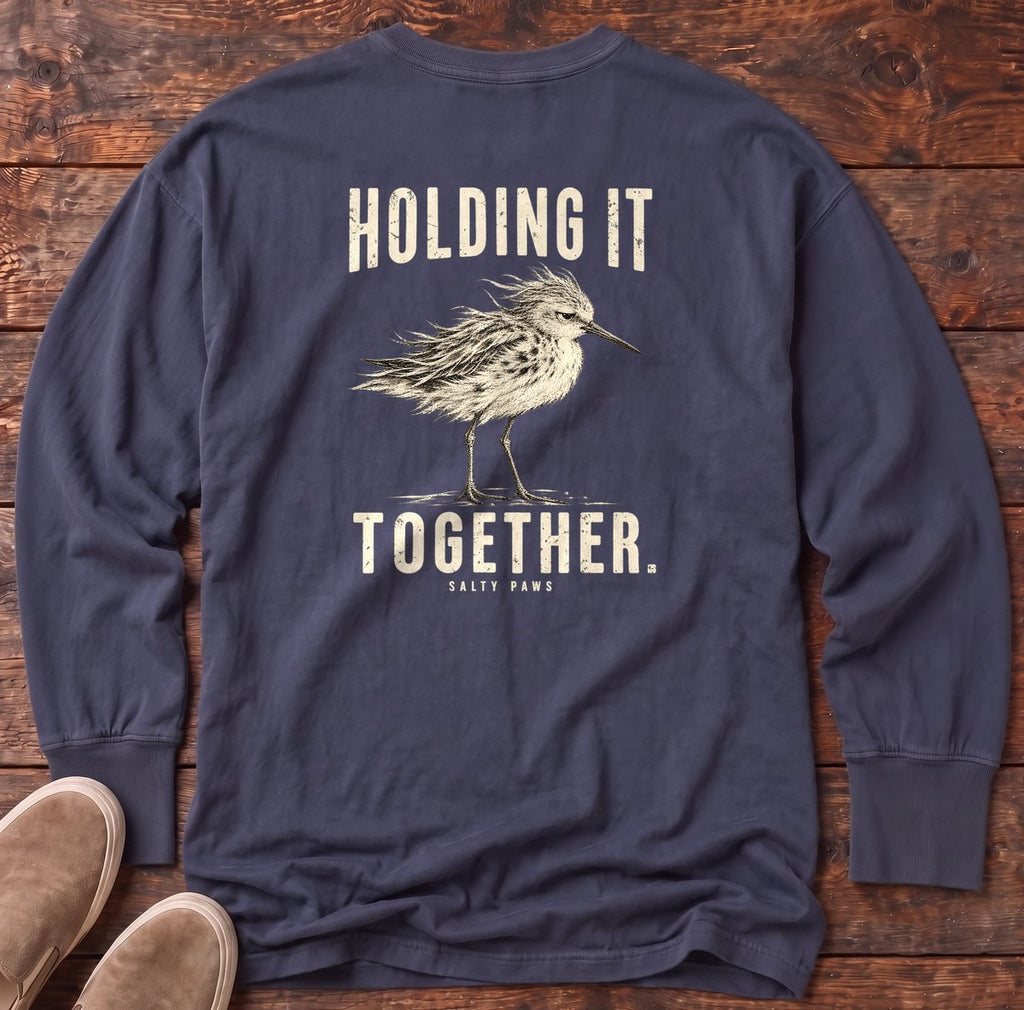 Holding It Together Sandpiper Back Design Long Sleeve Tee in True Navy, Salty Paws Comfort Colors Long Sleeve Tee, back design flat lay