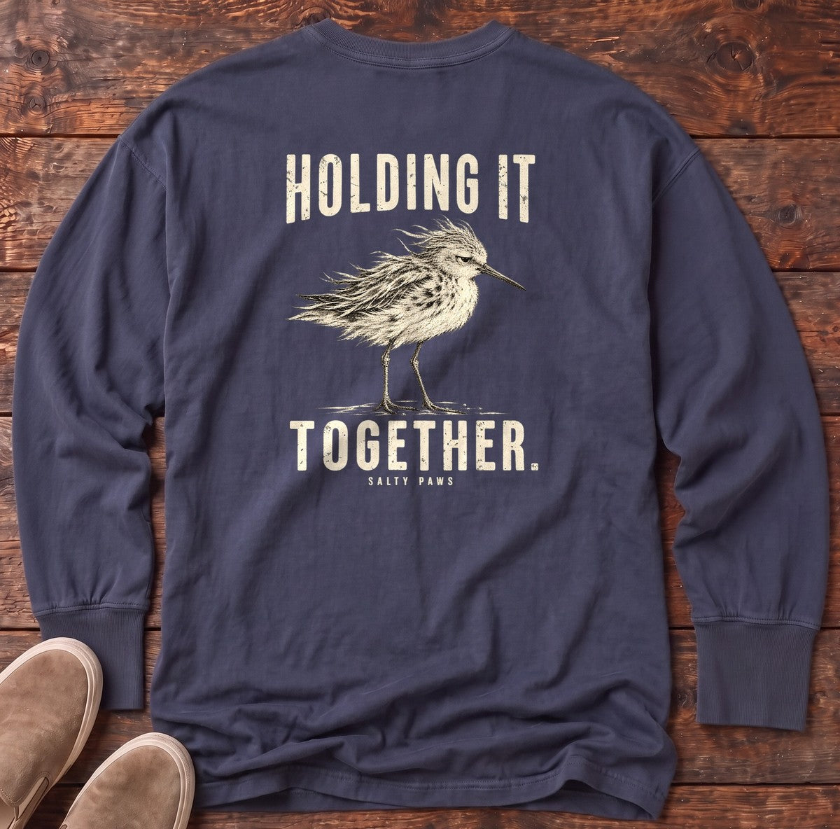 Holding It Together Sandpiper Back Design Long Sleeve Tee in True Navy, Salty Paws Comfort Colors Long Sleeve Tee, back design flat lay