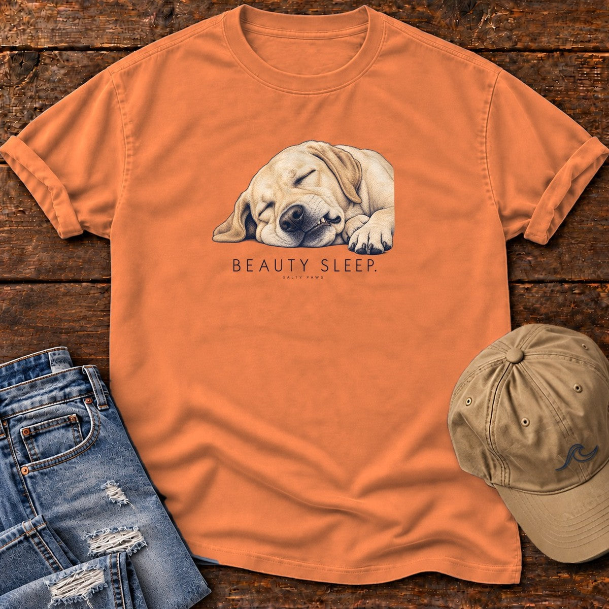 Beauty Sleep Labrador T-Shirt in Burnt Orange, Salty Paws Comfort Colors T-Shirt, front design flat lay