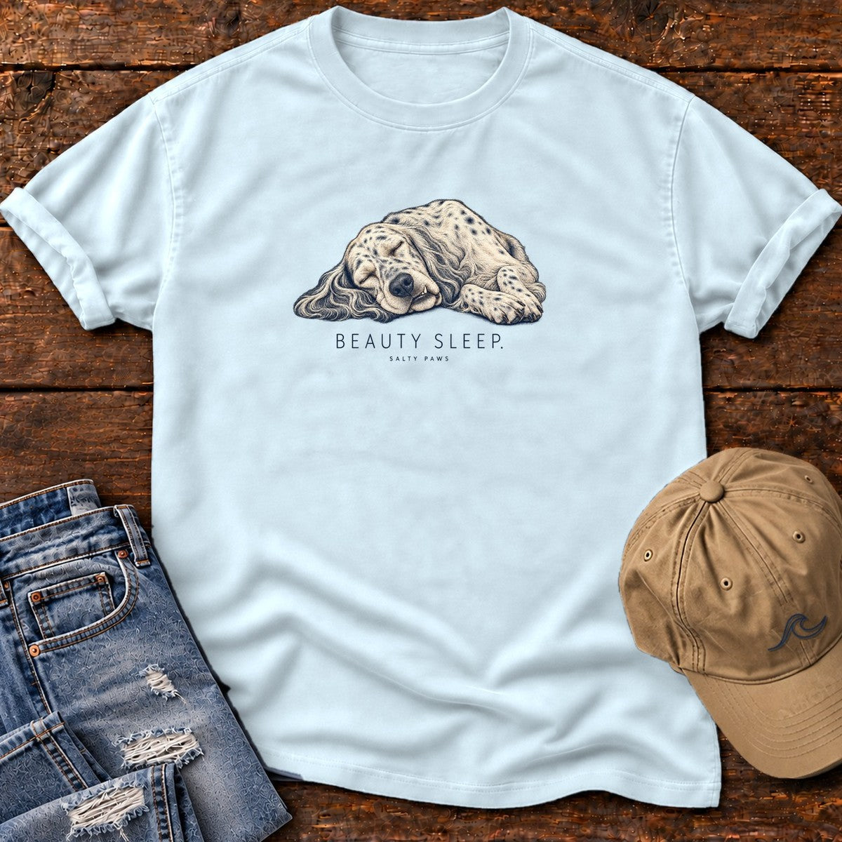 Beauty Sleep English Setter T-Shirt in Chambray, Salty Paws Comfort Colors T-Shirt, front design flat lay