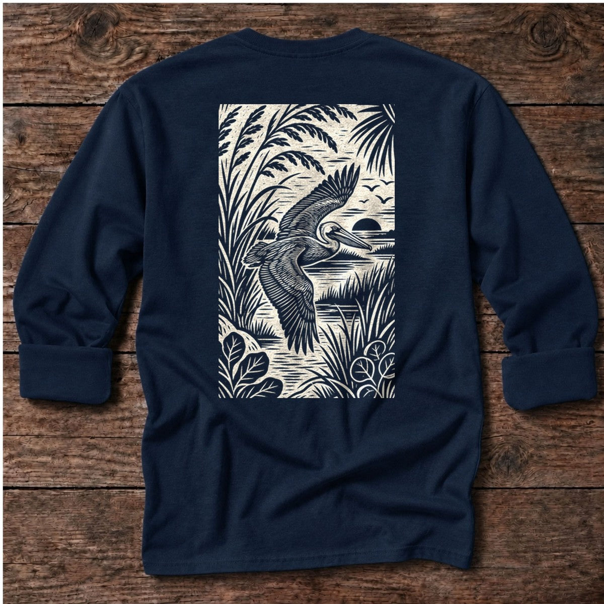 Pelican Woodcut Back Design Long Sleeve Tee in Dark Navy, Salty Paws coastal tee