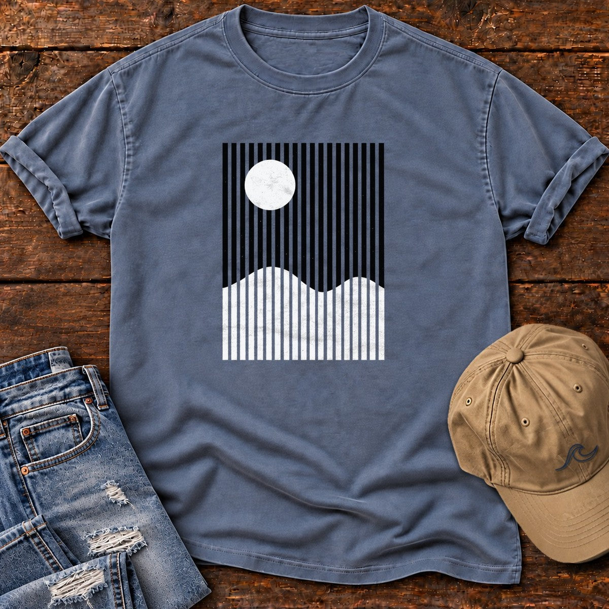 Ocean Sun Stripes T-Shirt in Blue Jean, Salty Paws Comfort Colors T-Shirt, front design flat lay