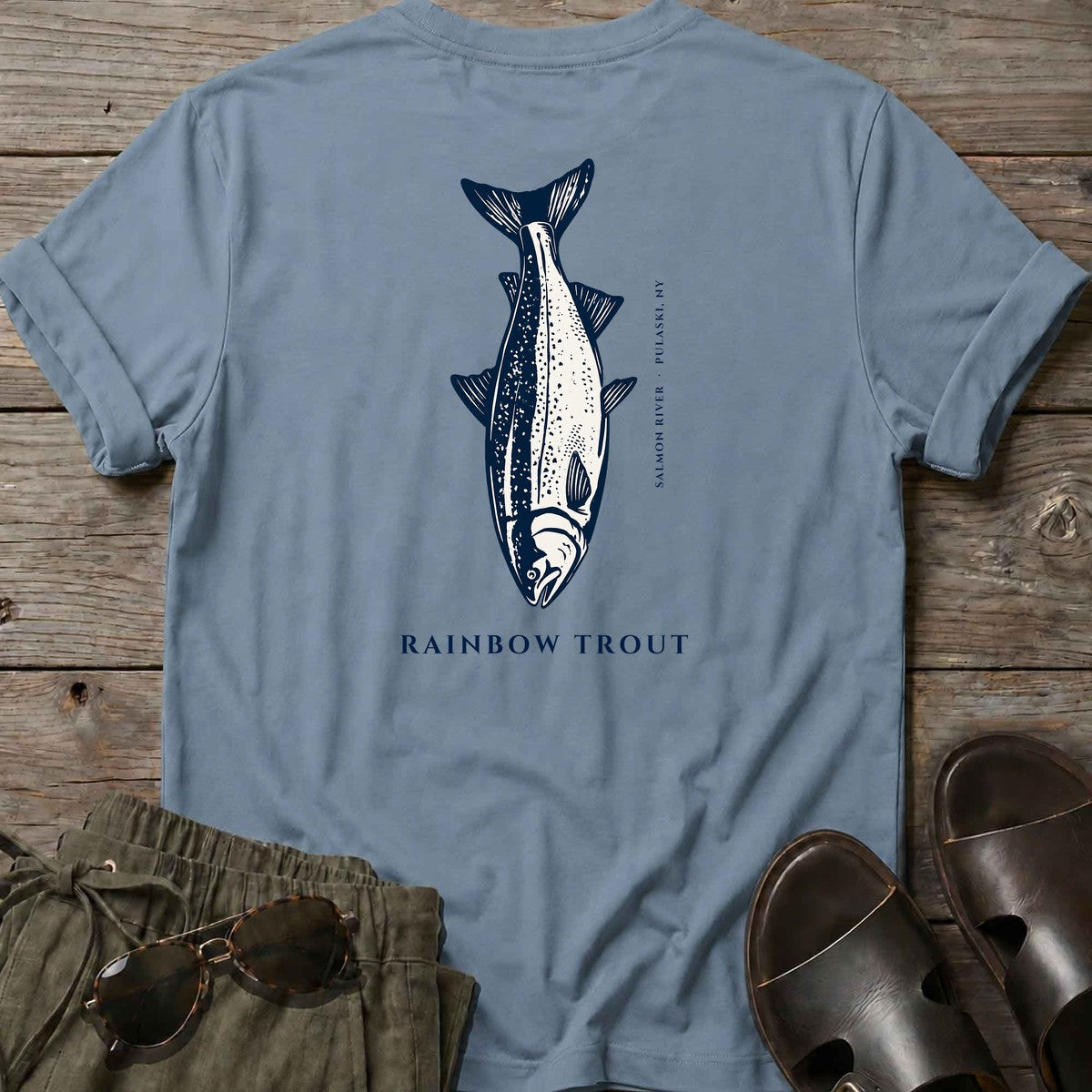 Rainbow Trout Salmon River back design tee in Stone Blue