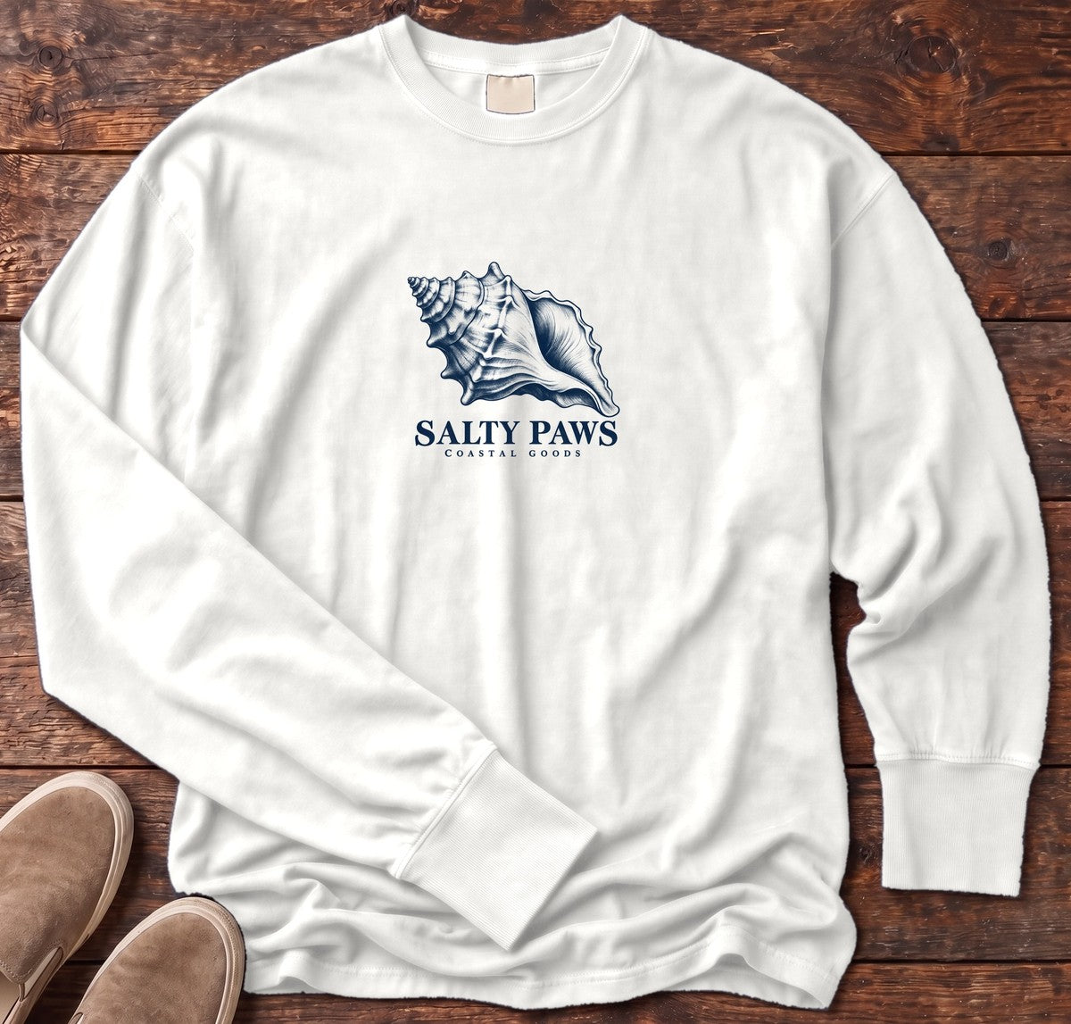 Conch Shell Long Sleeve Tee in White, Salty Paws Comfort Colors Long Sleeve Tee, front design flat lay