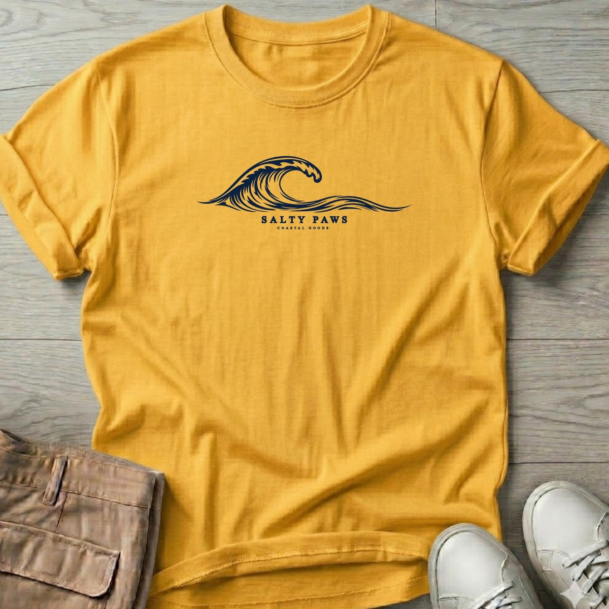 Salty Paws Coastal Wave T-Shirt in Daisy, Salty Paws T-Shirt, front design flat lay