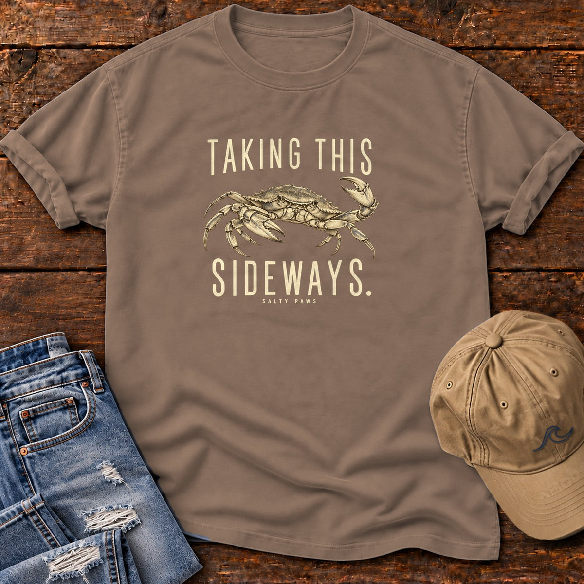 Taking This Sideways Crab T-Shirt in Espresso, Salty Paws Comfort Colors T-Shirt, front design flat lay