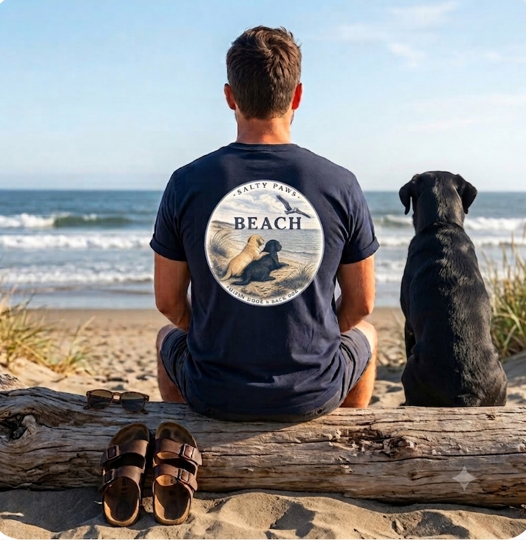 BEACH Pelican Labradors T-Shirt in Navy, Salty Paws coastal t-shirt