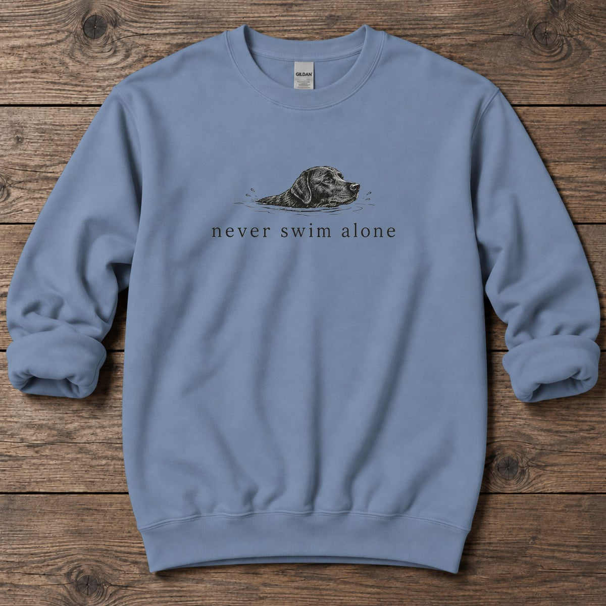 Never Swim Alone Midweight Sweatshirt in Stone Blue, Salty Paws coastal sweatshirt