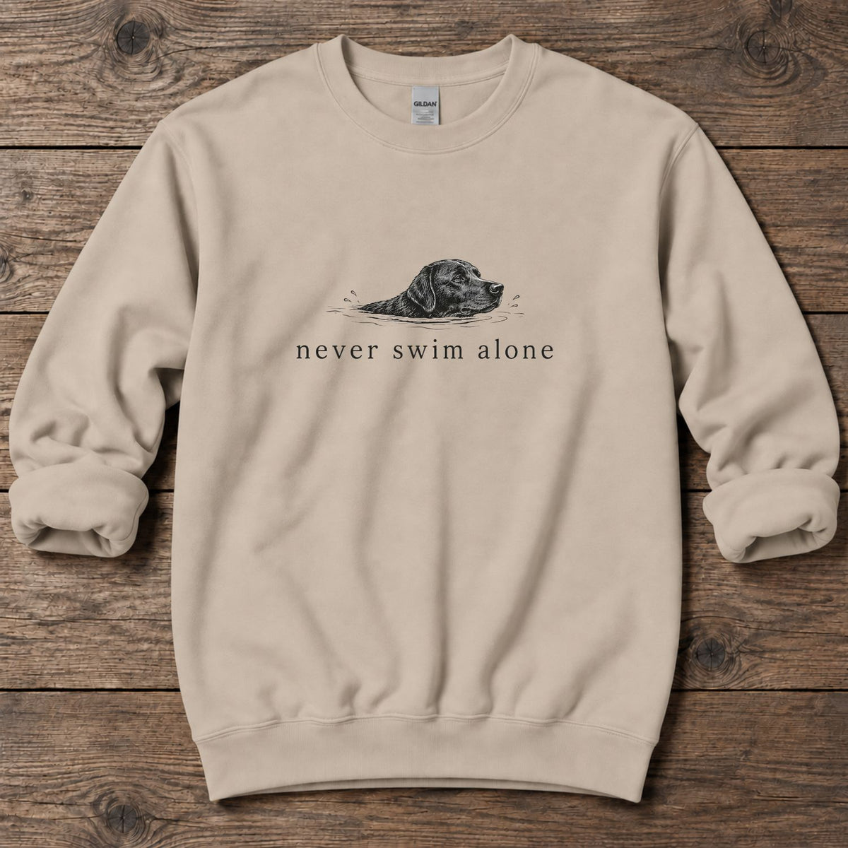 Never Swim Alone Midweight Sweatshirt in Sand, Salty Paws coastal sweatshirt