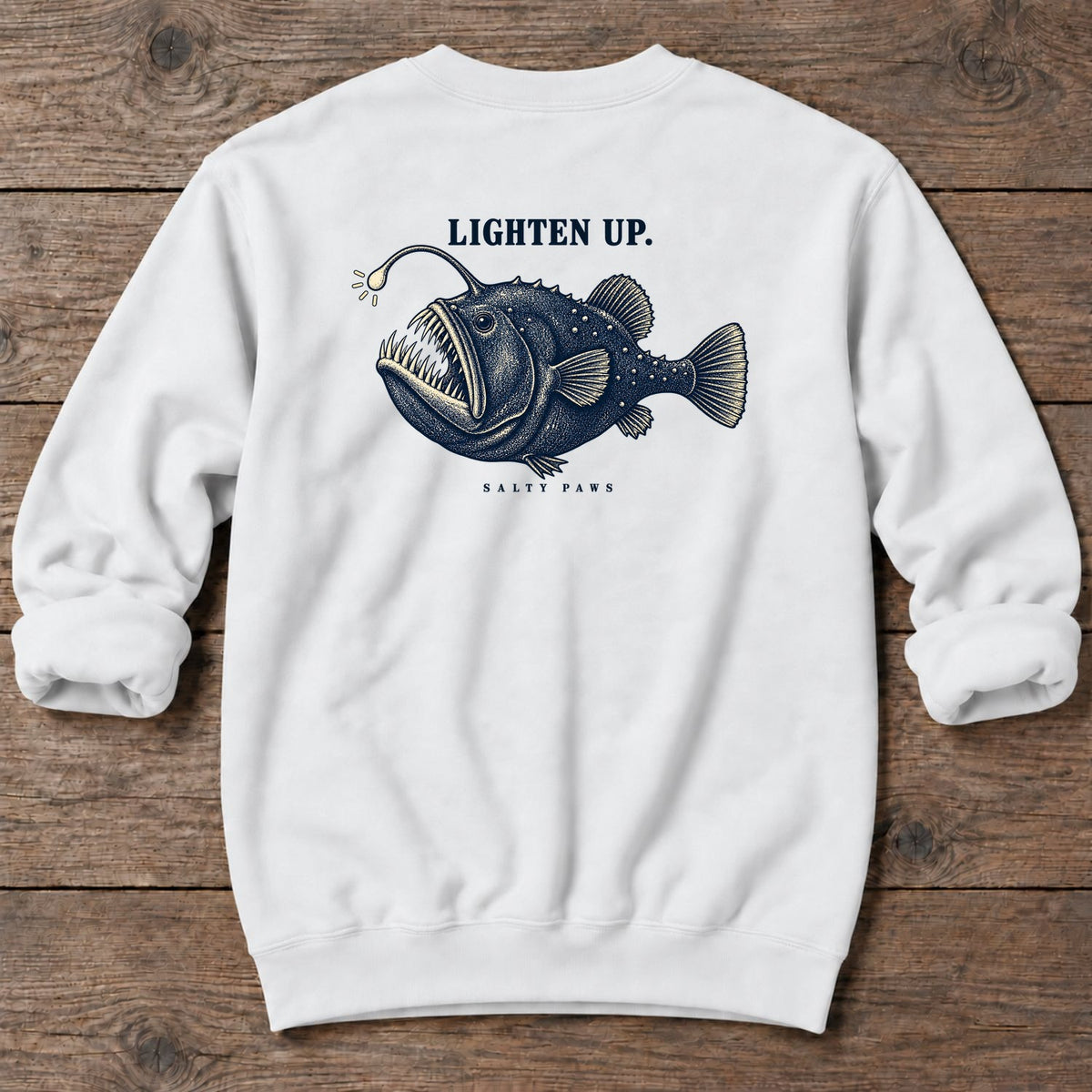 Anglerfish Lighten Up Midweight Sweatshirt in White, Salty Paws coastal sweatshirt