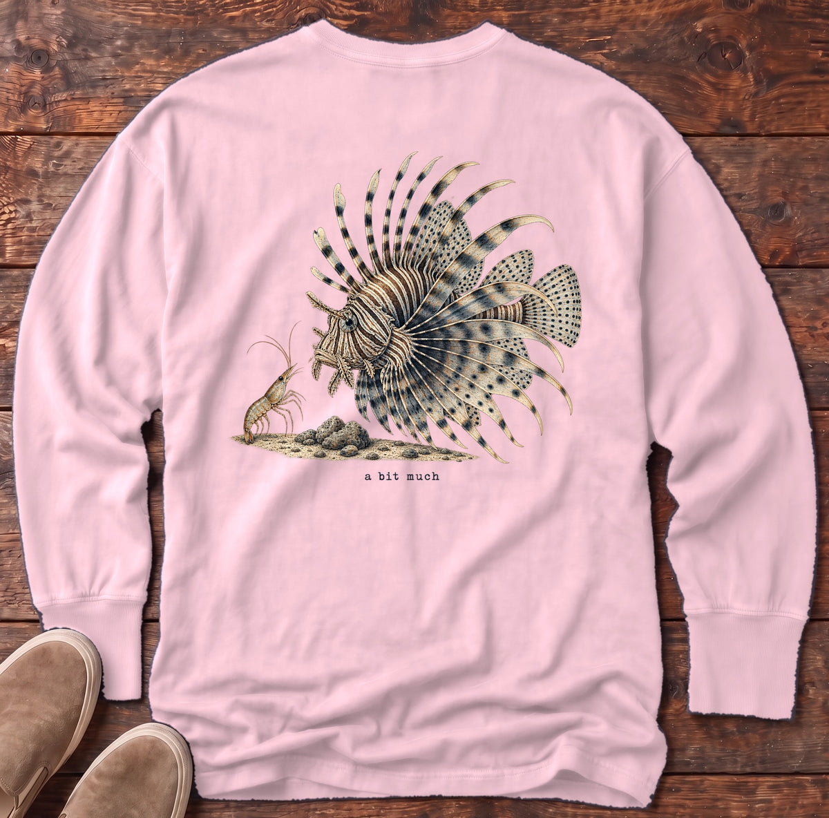 A Bit Much Lionfish Back Design Long Sleeve Tee Comfort Colors in Blossom, Salty Paws Comfort Colors Long Sleeve Tee, back design flat lay