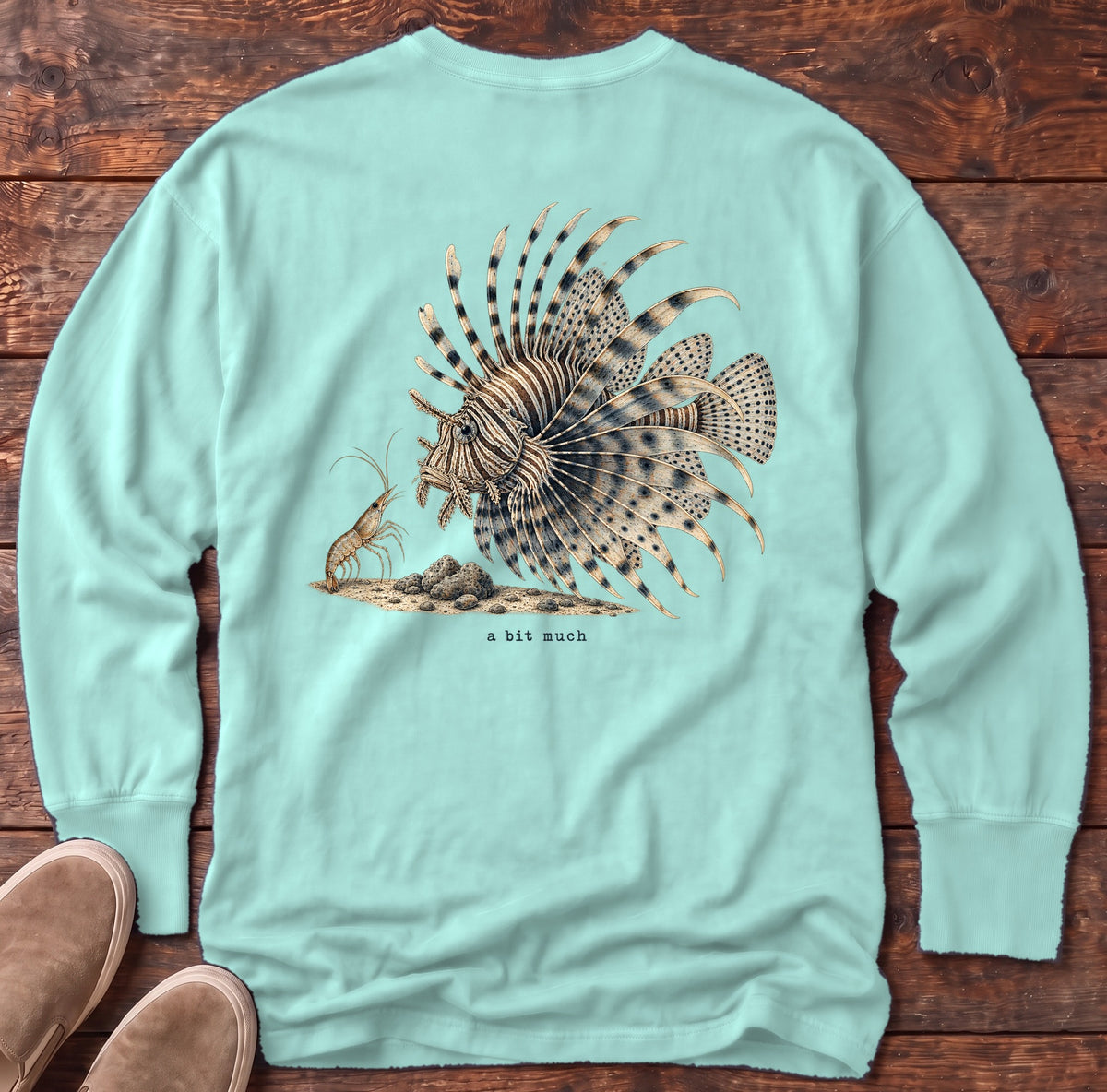 A Bit Much Lionfish Back Design Long Sleeve Tee Comfort Colors in Chalky Mint, Salty Paws Comfort Colors Long Sleeve Tee, back design flat lay