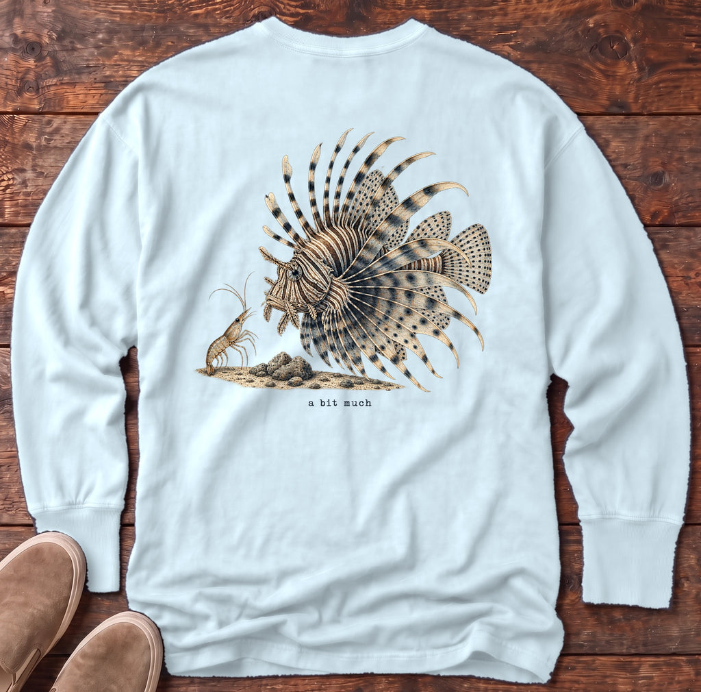 A Bit Much Lionfish Back Design Long Sleeve Tee Comfort Colors in Chambray, Salty Paws Comfort Colors Long Sleeve Tee, back design flat lay