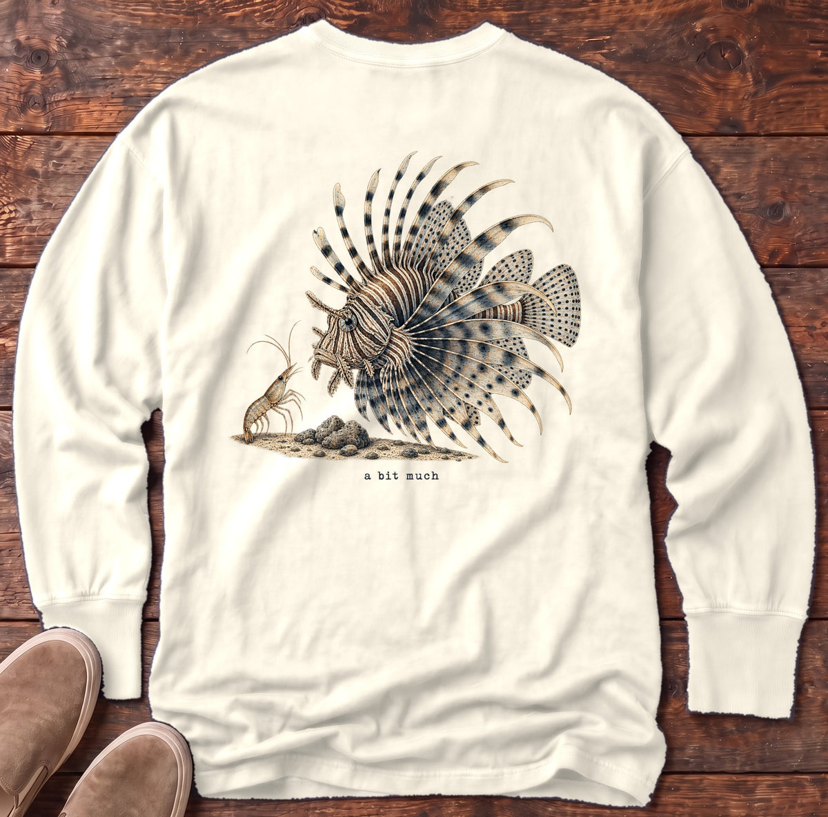 A Bit Much Lionfish Back Design Long Sleeve Tee Comfort Colors in Ivory, Salty Paws Comfort Colors Long Sleeve Tee, back design flat lay