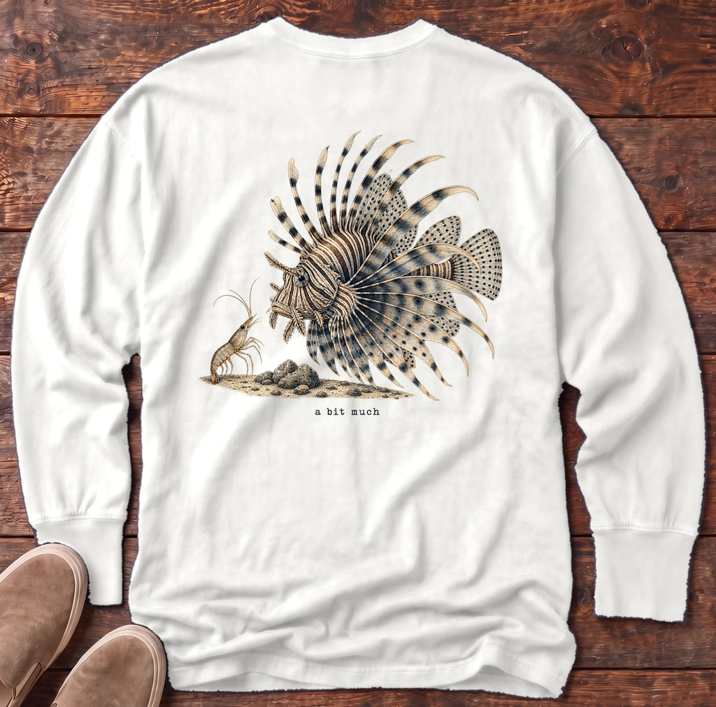 A Bit Much Lionfish Back Design Long Sleeve Tee Comfort Colors in White, Salty Paws Comfort Colors Long Sleeve Tee, back design flat lay