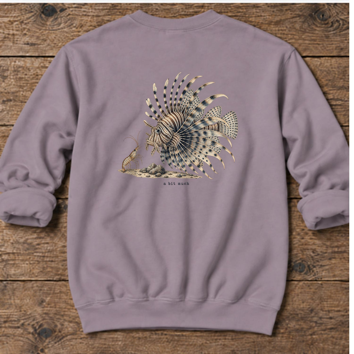 A Bit Much Lionfish Back Design Midweight Sweatshirt in Paragon, Salty Paws Midweight Sweatshirt, back design flat lay