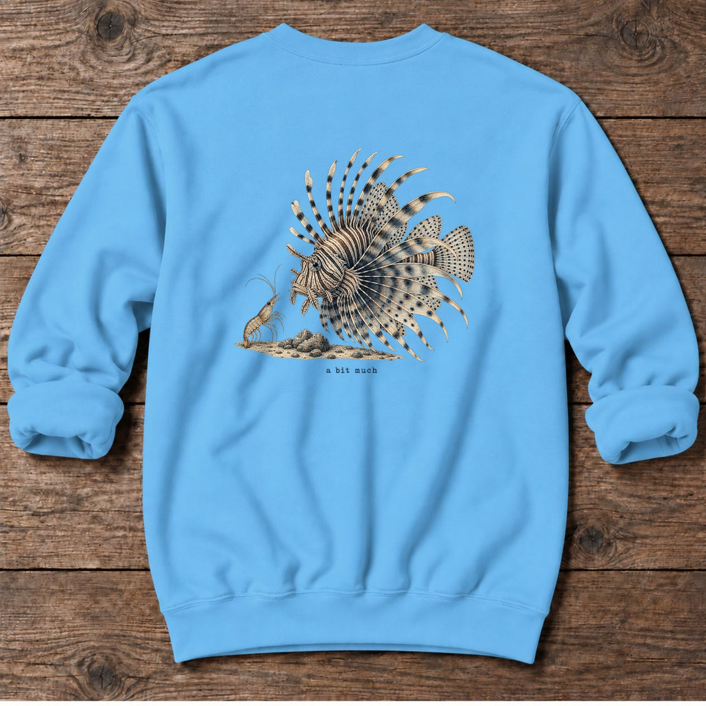 A Bit Much Lionfish Back Design Midweight Sweatshirt in Sky, Salty Paws Midweight Sweatshirt, back design flat lay