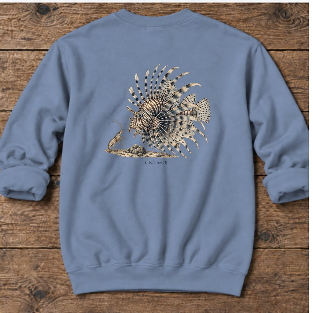 A Bit Much Lionfish Back Design Midweight Sweatshirt in Stone Blue, Salty Paws Midweight Sweatshirt, back design flat lay