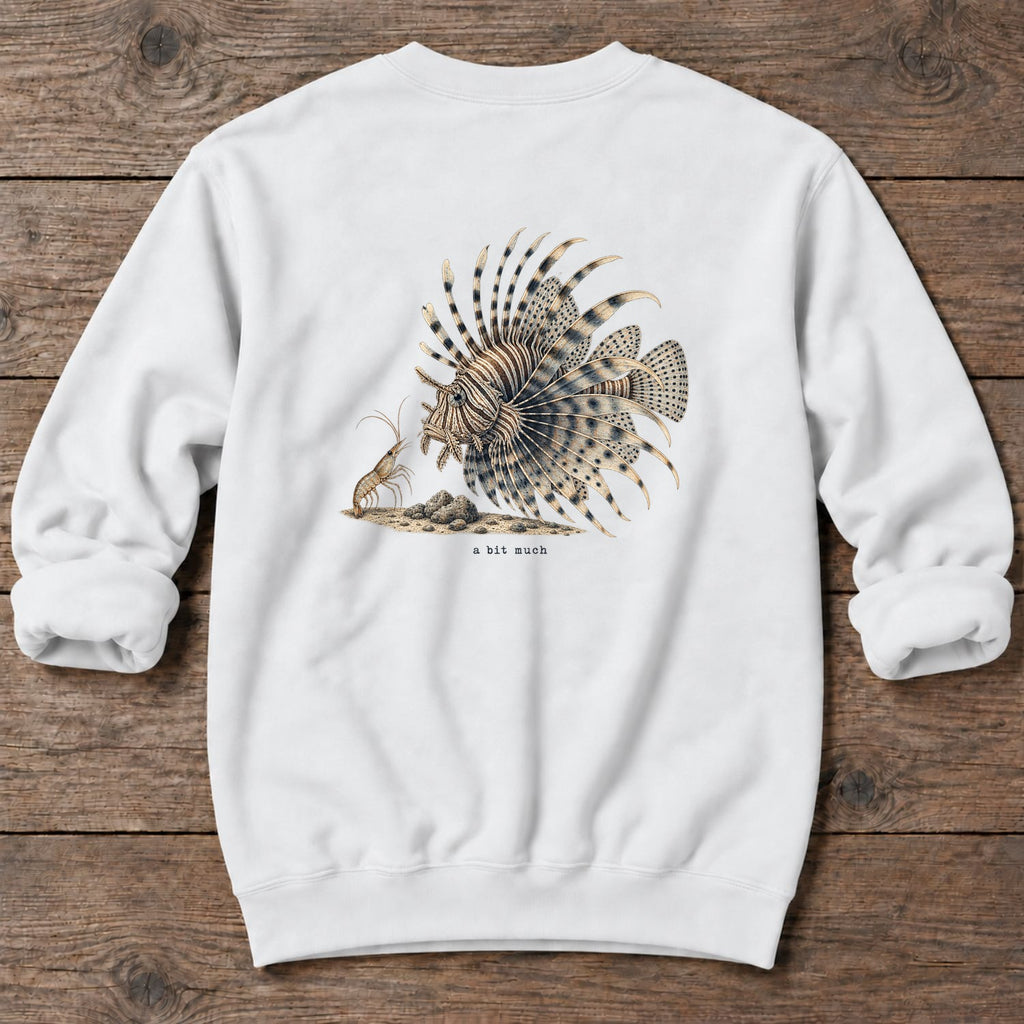 A Bit Much Lionfish Back Design Midweight Sweatshirt in White, Salty Paws Midweight Sweatshirt, back design flat lay