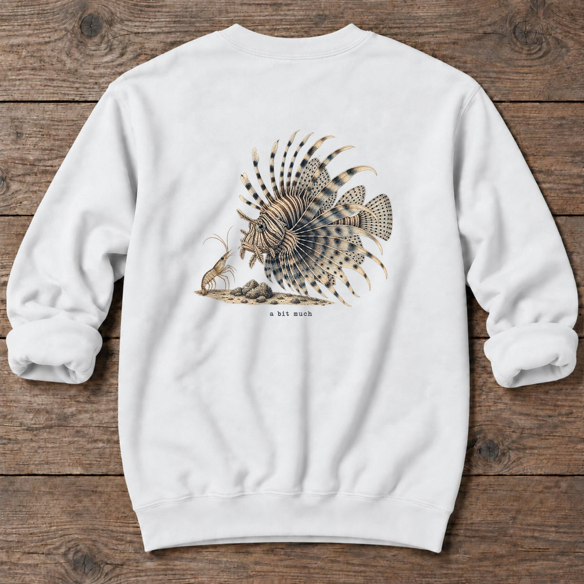 A Bit Much Lionfish Back Design Midweight Sweatshirt in White, Salty Paws Midweight Sweatshirt, back design flat lay