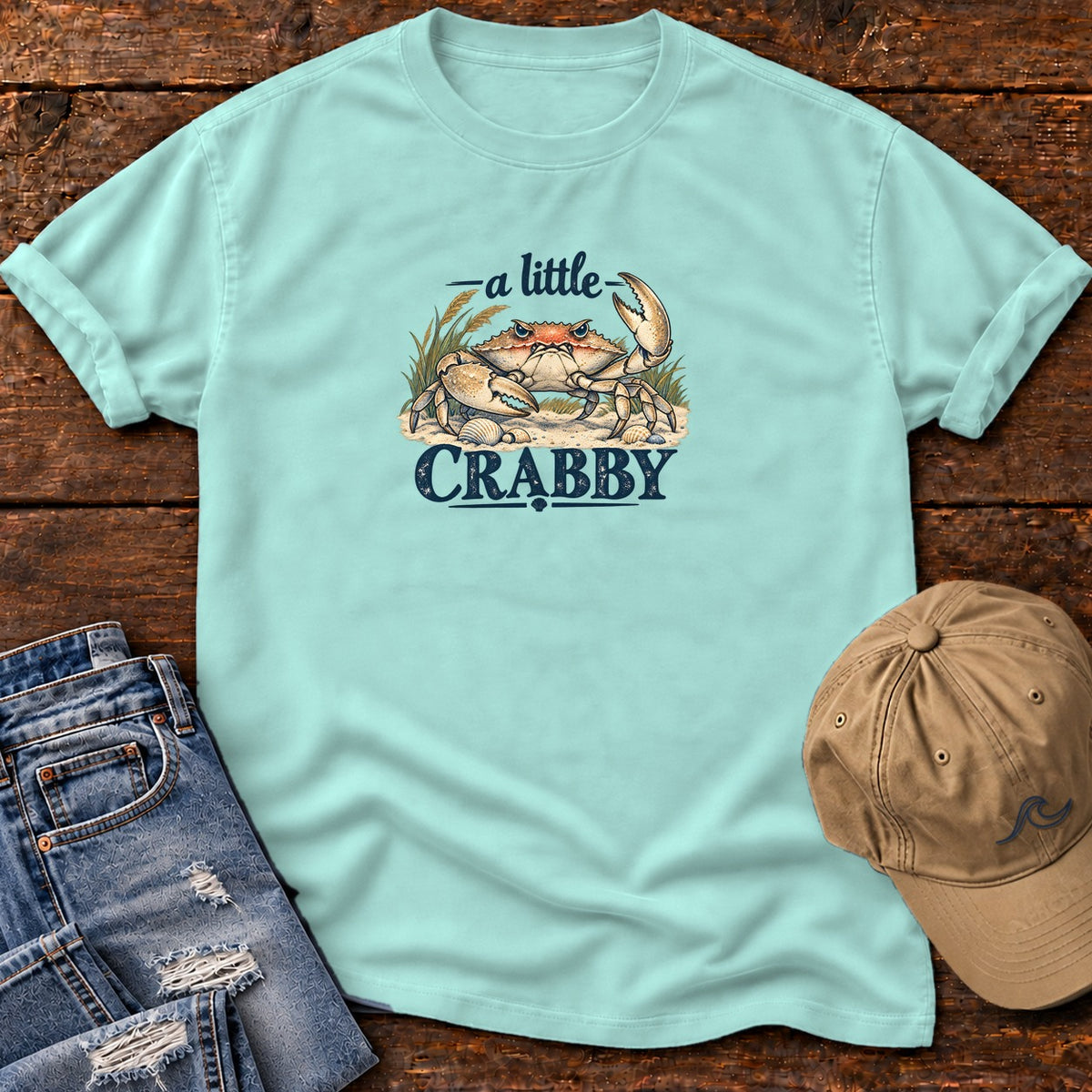 A Little Crabby Crab T-Shirt in Chalky Mint, Salty Paws Comfort Colors T-Shirt, front design flat lay