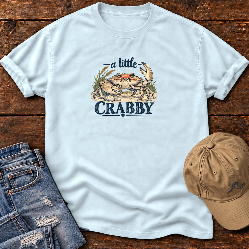 A Little Crabby Crab T-Shirt in Chambray, Salty Paws Comfort Colors T-Shirt, front design flat lay