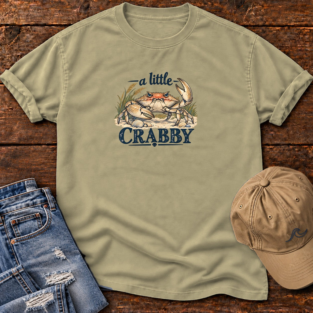 A Little Crabby Crab T-Shirt in Khaki, Salty Paws Comfort Colors T-Shirt, front design flat lay
