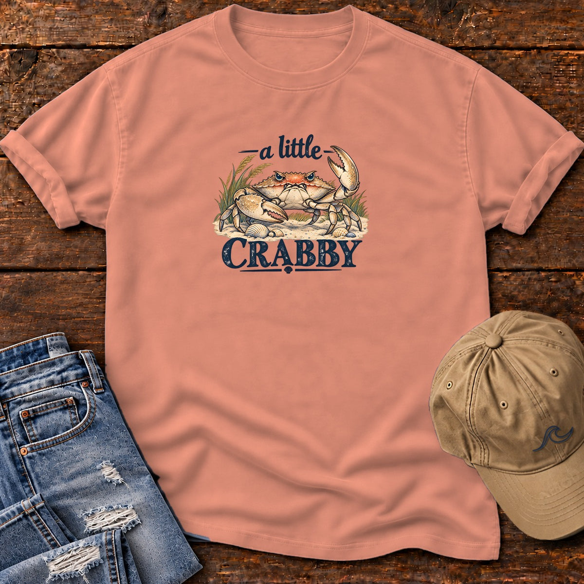 A Little Crabby Crab T-Shirt in Terracotta, Salty Paws Comfort Colors T-Shirt, front design flat lay