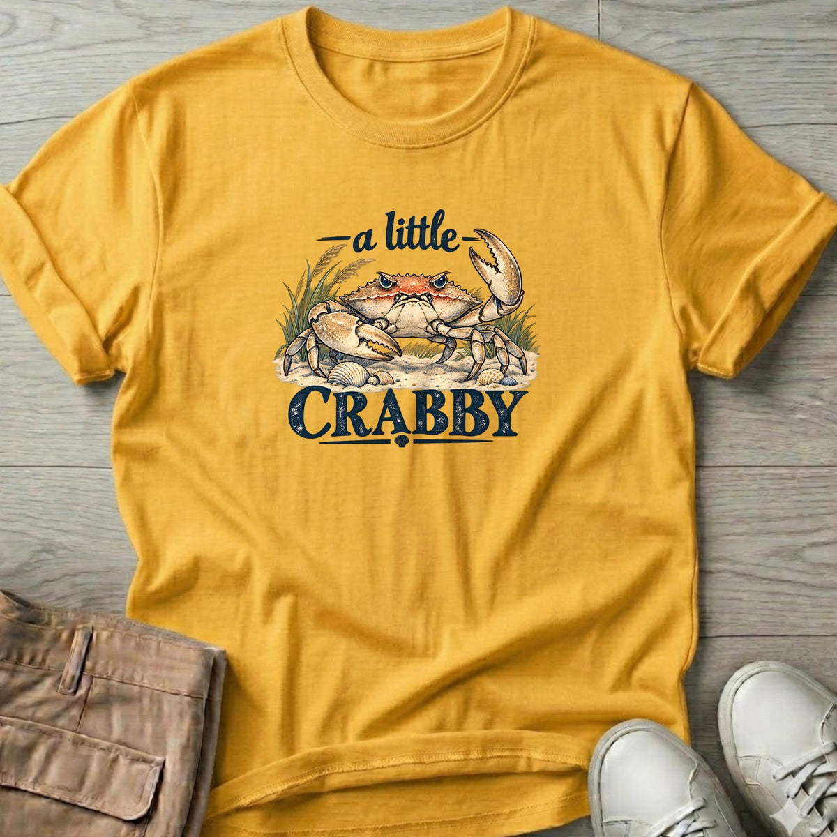 A Little Crabby Crab T-Shirt in Daisy, Salty Paws Soft Style T-Shirt, front design flat lay